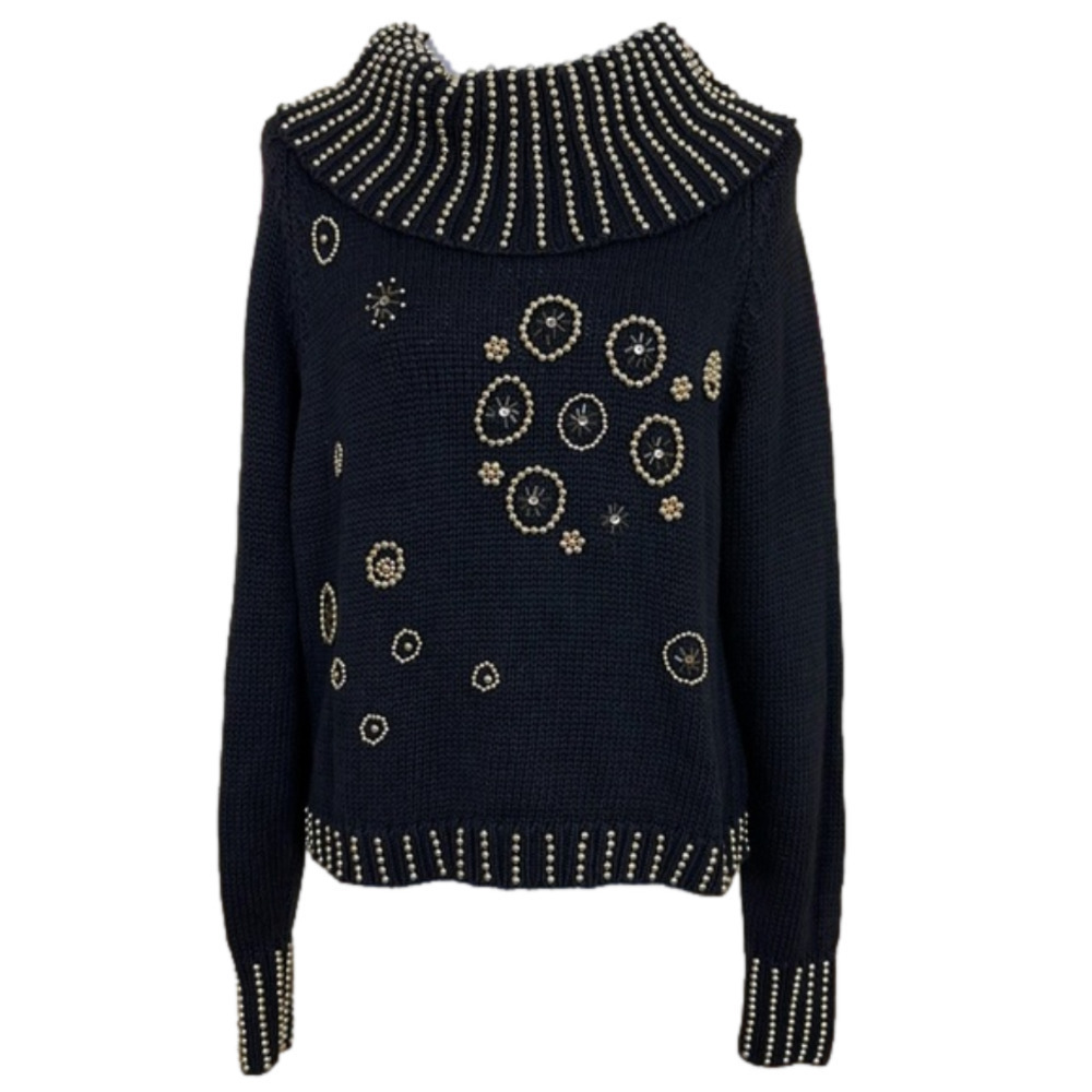 MARNIE WEST Vintage Black Gold Beaded Sweater Size M